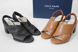 ☆COLE HAAN 2点セット☆ ANASTASIA CITY SANDAL クロス サンダル 黒＆茶 7B (箱付き) レザー チャンキーヒール コールハーン ◆E-1