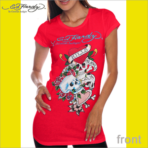 Ed Hardy　エドハーディー レディース　トリプル　スカル　プラチナム　ラインストーン Tシャツ 赤　S