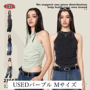 ノースリーブ タンクトップ ウォッシュ加工 ユーズド加工 Y2K ストリート シャツ Tシャツ トップス 韓国 パープル Mサイズ