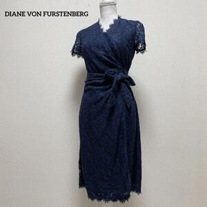 ダイアンフォンファスティンバーグ　DIANE VON FURSTENBERG ひざ丈ワンピース　半袖　ラップワンピース　ネイビー 　レース　サイズ２