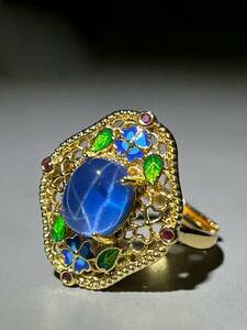 清代　星光藍宝石嵌め　金指輪