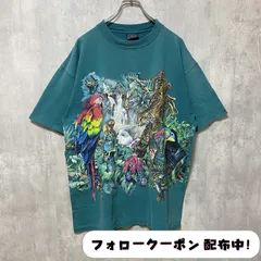 古着 used　90s　半袖アニマル柄プリントTシャツ　袖シングルステッチ　裾ダブル　ターコイズ　ビッグシルエット　オーバーサイズ