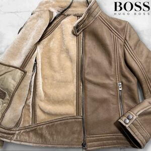 定価65万/Lサイズ●HUGO BOSS ヒューゴボス ムートン ジャケット ブルゾン シープレザー 羊革 シングル ライダース 起毛 ボア 毛皮 48