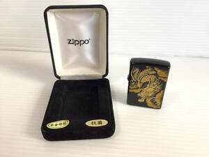 X436 zippo/ジッポ　オイルライター　喫煙具　本金蒔絵　龍/ドラゴン　黒/ブラック　火花確認　コレクション　1点　現状品　元箱入