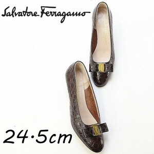 ◆Salvatore Ferragamo サルヴァトーレ フェラガモ クロコ型押しレザー ヴァラリボン オーバルトゥ ローヒール パンプス ダークブラウン 7