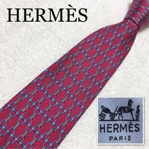 ■美品■HERMES エルメス　ネクタイ　金具　紐　網目状　総柄　シルク100% フランス製　ボルドー×ブルー　ビジネス