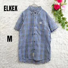 美品♥【ELKEX】チェックボタンダウンシャツ　半袖　M　青　ロゴ　綿100%