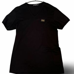 1円 未使用級 DOLCE&GABBANA ドルガバ D&G Vネック カットソー 半袖Tシャツ 黒 ブラック 54 メタルプレート オーバーサイズ Tシャツ DG