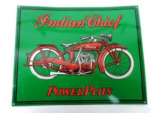 【ヴィンテージ？】Indian Chief POWERPLUS インディアン モーターサイクル ブリキ？看板(緑) 約35cm程×約28cm程 中古JUNK扱 一切返品不可