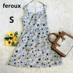 feroux フェルウ♡ノースリーブ花柄ワンピース Aライン ベージュ ブルーS