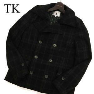 TK タケオキクチ 秋冬 ウール★ チェック Pコート Sz.2　メンズ 黒　C3T09005_A#N