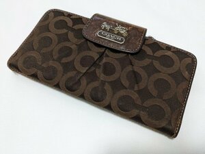 ■コーチ 長財布 ２つ折り キャンバス／レザー 焦げ茶 シグネチャー柄 COACH■