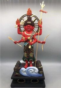 高級品 総檜木材　仏教工芸品　木彫仏像　珍品　仏師手仕上げ品　三宝荒神立像