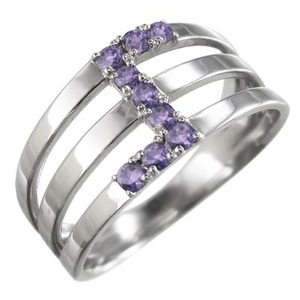 指輪 10kホワイトゴールド アメシスト(紫水晶) 2月誕生石 3連