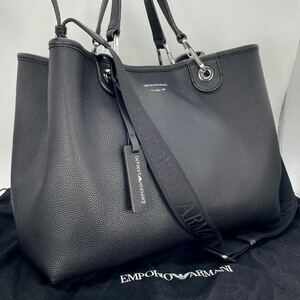 現行/極美品 EMPORIO ARMANI エンポリオアルマーニ トートバッグ ビジネス メンズ 2way 肩掛け A4収納可 レザー シボ革 黒 ブラック ロゴ