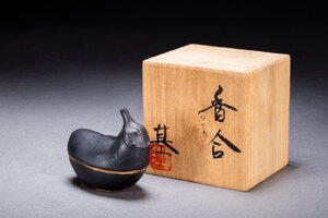 【善古堂】某有名オークション買入 時代物 京焼 基在銘 茄子紋香合 共箱 茶煎道具 骨董品 古美術0925-27S01