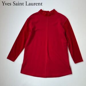 美品 Yves Saint Laurent イヴサンローラン チュニックワンピース トップス　ロゴ刺繍　レッド 袖生地切り替え 150 レディース