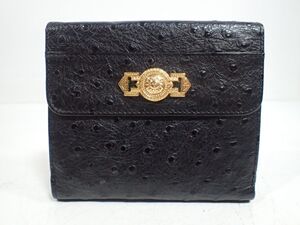 K379/6C□GIANNI VERSACE ジャンニヴェルサーチ サンバースト オーストリッチ型押しレザー 財布 ウォレット ブラック 美品□