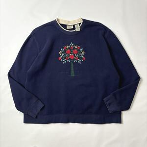 USA古着 00s ヴィンテージ 刺繍 可愛い りんご リンゴ 木 スウェット トレーナー 裏起毛 二重襟 レイヤード 紺色 ネイビー XLサイズ