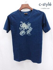 I190 [春夏物][人気] BLUE CAFE ブルーカフェ 藍染Tシャツ インディゴ 鳥 花 半袖 コットン | G★