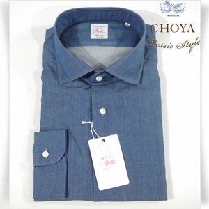 新品1円～★定価3.8万 CHOYA SHIRT 蝶矢シャツ 日本製 最高級ライン 長袖 ワイドカラーシャツ LL インディゴブルー ◆8884◆