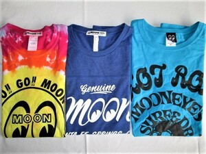 ★古着 ほつれによりミシンの補修有り MOONEYES ムーンアイズ Tシャツ L PEACE タイダイ染め 染色 フットボールT HOTROD スカル 骸骨 3点★