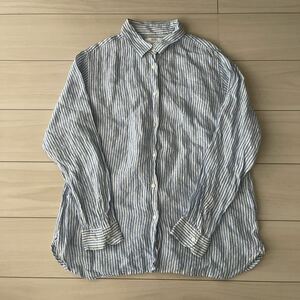 美品◆ユニクロ◆UNIQLOプレミアムストライプリネン長袖シャツXLサイズ◆麻100%羽織り冷房対策日除けブルー系袖涼しげ