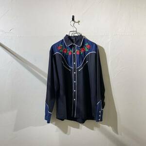 vintage western black embroidery flower shirt 古着 ビンテージ ウエスタンシャツ 刺繍 ブラックシャツ 長袖シャツ 90s 80s