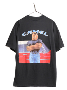 90s キャメル ポケット付き 両面 プリント Tシャツ メンズ L 程 古着 90年代 オールド CAMEL タバコ キャラクター イラスト 企業 ポケT 黒