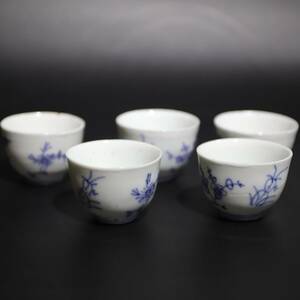 梅蘭竹 茶杯 染付 ５客 煎茶碗 古美術 古道具 極細工 古美術品 置物 茶道具 骨董