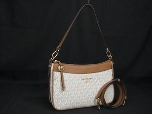 1円 ■新品同様■ MICHAEL KORS マイケルコース MK柄 PVC×レザー 2WAY ショルダー ハンドバッグ アイボリー系×ブラウン系 FL0050