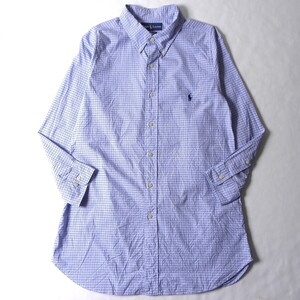 ラルフローレン Ralph Lauren CLASSIC FIT ポニー刺繍 タッターソールチェック柄ボタンダウンロングシャツ M ブルー レディース l1121-2