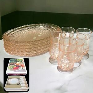 未使用品 昭和レトロ TOYO GLASSWARE 東洋ガラス シャンゼリゼスナックセット 皿 5枚 グラス 5個 PI-23