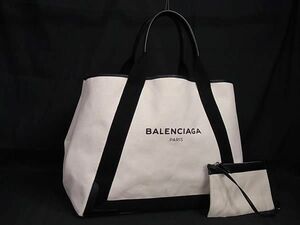 1円 ■美品■ BALENCIAGA バレンシアガ 339936 ネイビーカバスMM キャンバス×レザー ポーチ付き トートバッグ アイボリー系 AZ4584