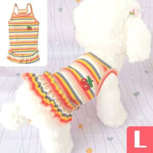 ボーダー柄フリル付き 犬服 コットンワンピース！【L】レッド