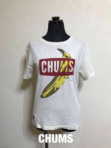 CHUMS チャムス アウトドア ボートロゴ バナナ 麻 綿 Tシャツ サイズXS 半袖 ベージュ ランドウェル レディース