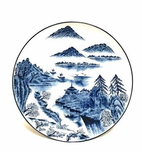 ■有田焼・華山窯■山水 大皿・飾り皿■直径41cm・染付・アンティーク
