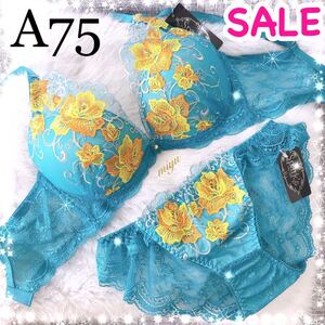 A75M★シアーリッチローズ ターコイズブルー★脇高ブラジャー&ショーツセット★セクシー レース 刺繍 Aカップ アンダー75 新品 下着★みゆ