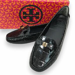 n214 良品 TORY BURCH トリーバーチ エナメルレザー ドライビングシューズ ローファー ブラック クロコ型押し フラットシューズ 6M 正規品