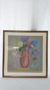 真作 堀野妙子 パステル「花瓶と花」画寸 50cm×52cm 大潮会委員 パステル画教室講師 淡い筆致で描かれた素敵な作品 1529