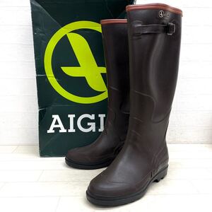 1574◎ AIGLE エーグル 靴 シューズ ロング レイン ブーツ 長靴 カジュアル ワンポイント ロゴ ダークブラウン レディース37