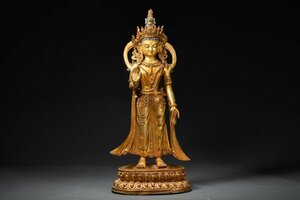 【善古堂】某有名オークション買入 18-19世紀時代物 チベット・西藏伝来 銅金 巨大度母造像60CM 金水厚重 仏教文化 当時物 骨董品 古美術