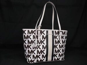 1円 ■美品■ MICHAEL KORS マイケルコース MK柄 PVC×レザー トートバッグ ショルダー 肩掛け アイボリー系×ブラウン系 FD0538