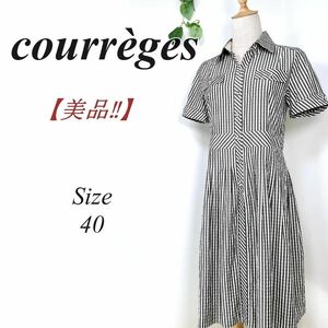 【美品】 courreges クレージュ 半袖 チェック ワンピース ハーフボタン 40 ギンガム ウエストゴム ひざ丈ワンピース 