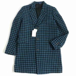 未使用品□Paul Smith/ポールスミス 千鳥格子柄 シルク混 ロング丈 チェスターコート/ウールコート ブルー系 M 正規品 日本製 メンズ◎