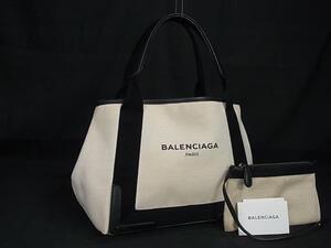 1円 BALENCIAGA バレンシアガ 339933 ネイビーカバスS キャンバス×レザー トートバッグ ショルダー アイボリー系×ブラック系 FH4039