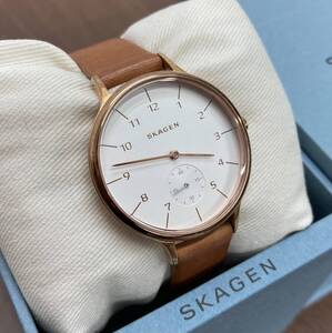 在庫処分特価！【 スカーゲン / SKAGEN 】【 腕時計 】スモセコ ゴールド 白文字盤 革ベルト 箱付き クォーツ ジャンク ファッション 時計