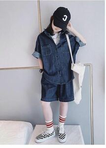 キッズ 子供服 セットアップ 上下セット デニムシャツ+ショートパンツ 2点セット 夏 子どもセットアップ 夏セットアップ KSFC013(120-170)