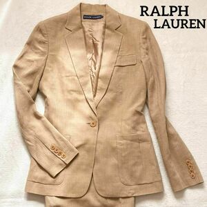 A40 美品　RALPH LAUREN　ラルフローレン　パンツスーツ　レディーススーツ　ベージュ　ブラウン系　7表記（S相当）　麻50%　ヘリンボーン