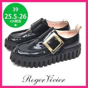 ほぼ新品 ロジェヴィヴィエ Roger Vivier 定価15.4万 バックル エナメル ロゴテープ ローファー 革靴 ブラック 黒 39(約25.5-26) sh24-1183